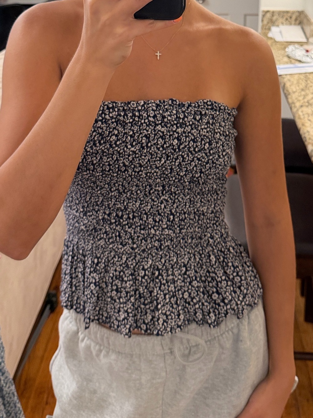 American Eagle Smocked Strapless Floral Peplum Top - navy and white